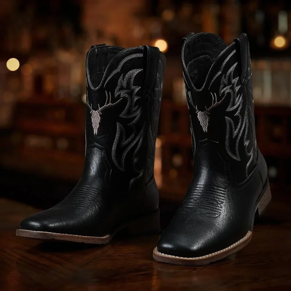 Men's Black Western Boots Slip Resistant Country Boot Retro Classic Embroidered